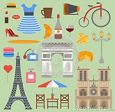 Paris icons vector set cuisine traditional modern France culture symbols. Europe Eiffel Paris icons fashion wine Vector Illustration