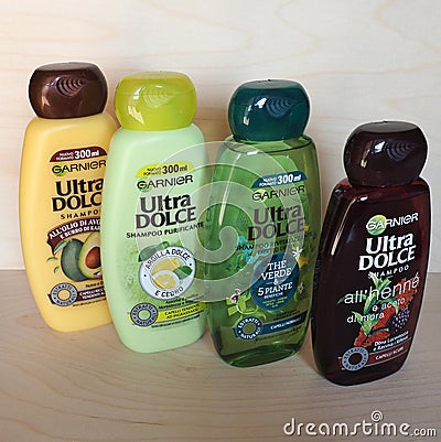 PARIS - JUL 2020: Garnier shampoo bottles Editorial Stock Photo