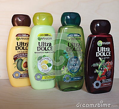 PARIS - JUL 2020: Garnier shampoo bottles Editorial Stock Photo