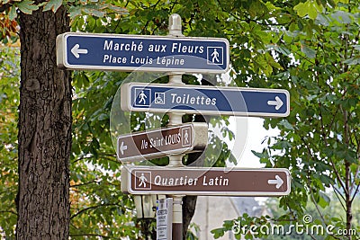 French directional signs to local attractions Editorial Stock Photo