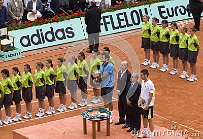 PARIS - JUNE 7: Roger Federer with cup, it receiv Editorial Stock Photo