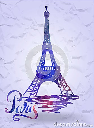 Paris label with hand drawn Eiffel Tower with watercolor fill, lettering Paris Vector Illustration
