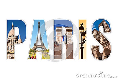 Paris letters with monuments isolated on white Stock Photo