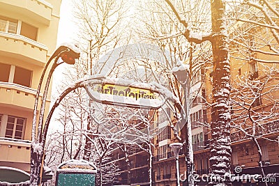 Paris metropolitan metro station covered with snow Editorial Stock Photo