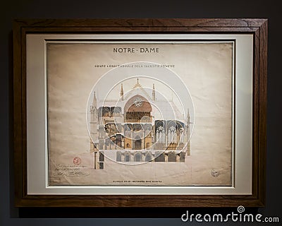 Paris Notre-Dame Cathedral map framed with dark brown wooden frame, longitudinal section of the projected sacristy. Editorial Stock Photo