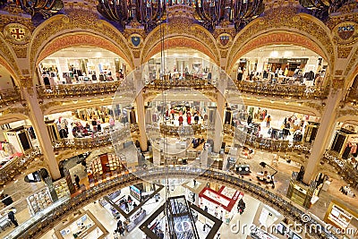 Galeries Lafayette high angle view interior with Christian Dior shop in Paris Editorial Stock Photo