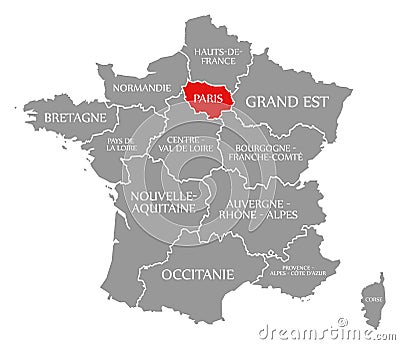 Paris red highlighted in map of France Cartoon Illustration