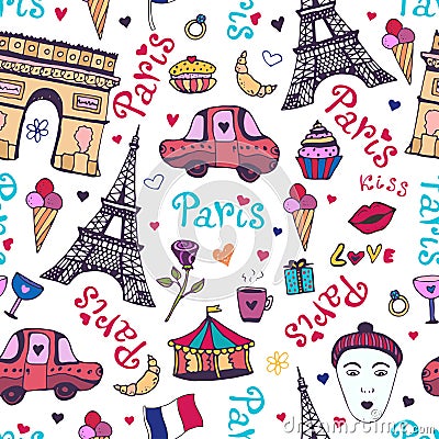 Paris seamless pattern with eiffel tower, triumphal arch and cute doodles. Vector Illustration