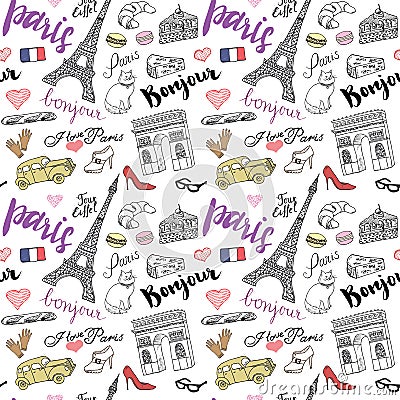 Paris seamless pattern with Hand drawn sketch elements - eiffel tower triumf arch, fashion items. Drawing doodle vector illustrati Vector Illustration