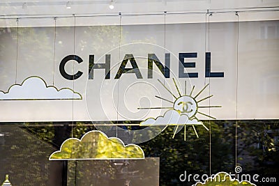 Paris - September 10, 2019 : The Chanel luxury store entrance sign on Champs-Elysees avenue Editorial Stock Photo