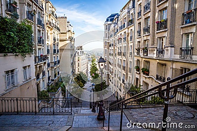 PARIS - September 6, 2019 : Typical Parisian stairway street on Butte Montmartre Editorial Stock Photo