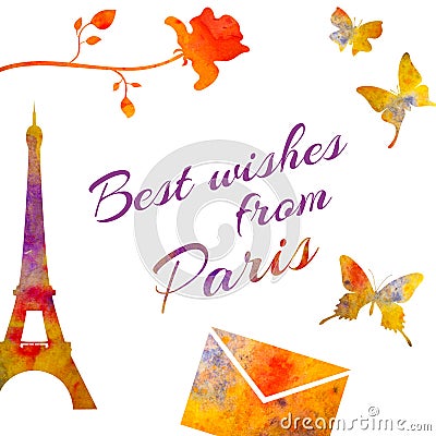 Paris. Set of watercolor objects. Tower, rose, letter, envelope etc. Stock Photo