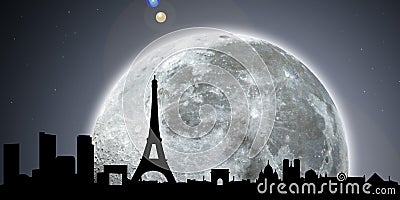 Paris skyline night with moon Cartoon Illustration