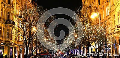 Paris Street in Prague in December, Decorative Lights on Trees Editorial Stock Photo