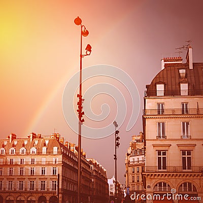 Paris Street View with Rainbow in the Sky After Rain Stock Photo