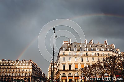 Paris Street View with Rainbow Stock Photo