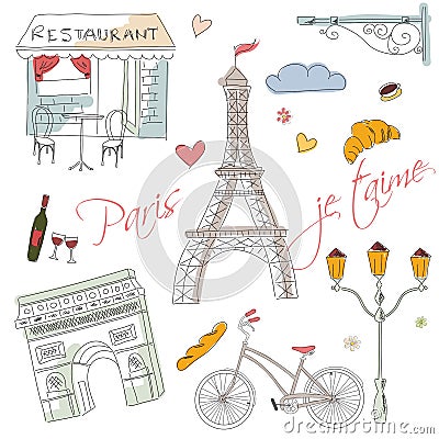 Paris symbols, postcard, hand drawn Vector Illustration