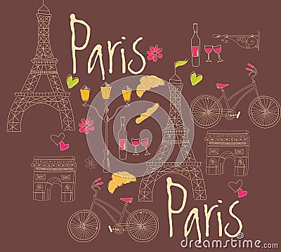 Paris symbols, postcard, hand drawn Vector Illustration