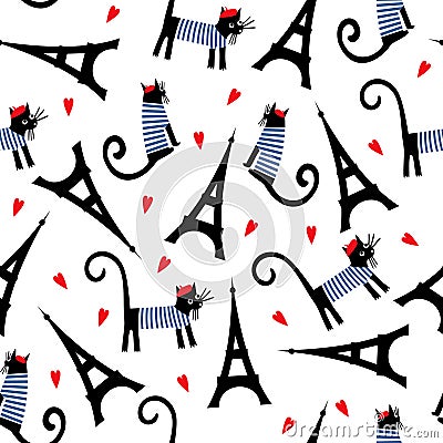 Paris symbols seamless pattern. Cute cartoon parisian cat and tour Eiffel vector illustration. Vector Illustration