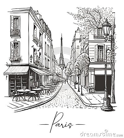 Paris town's street in sketch art style, outlined landscape Vector Illustration