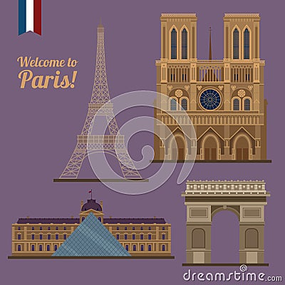 Paris Travel Set. Famous Places - Eiffel Tower, Louvre Vector Illustration