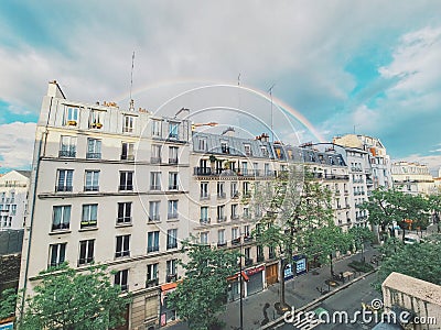 Paris under the rainbow, view of Paris and the haussmanian building after the rain, Paris, France Editorial Stock Photo