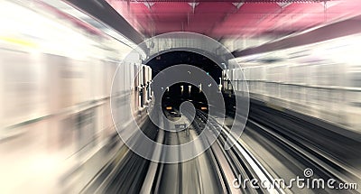 Paris, underground city metro station, rail motion blur trail Stock Photo