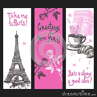 Paris Vertical Banner Set Vector Illustration