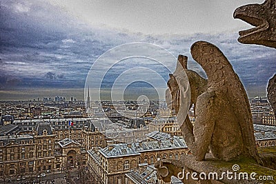 Paris view from Notre Dame - artistic view with drama Stock Photo