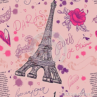 Paris. Vintage seamless pattern with Eiffel Tower, flowers, feathers and text. Vector Illustration