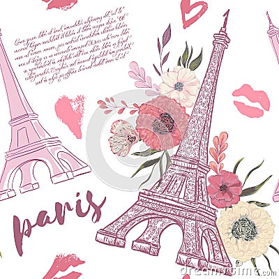 Paris. Vintage seamless pattern with Eiffel Tower Vector Illustration