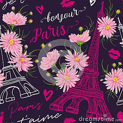 Paris. Vintage seamless pattern with Eiffel Tower, kisses, hearts and pink chamomile flowers in watercolor style. Vector Illustration