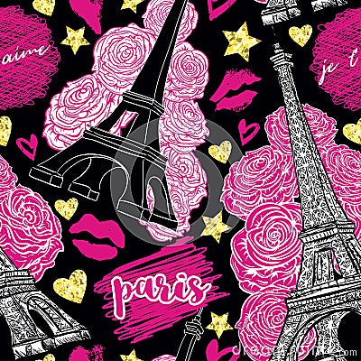 Paris. Vintage seamless pattern with Eiffel Tower, roses, kisses, hearts and stars with golden glitter foil texture Vector Illustration