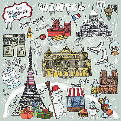 Paris winter,Doodle landmarks,symbols.Colored map Vector Illustration