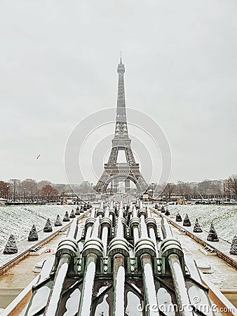 Paris in winter, snow in Paris, the Eiffel tower, capital of France Stock Photo