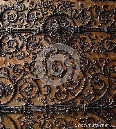 Paris: wonderful wood carved door of Notre Dame Ca Stock Photo