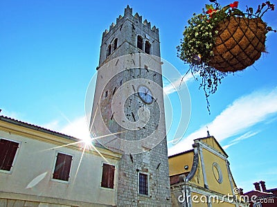 Parish Church of Sv. Stjepan and Motovun bell tower - Istria, Croatia / Zupna crkva Sv. Stjepana i motovunski zvonik - Istra Stock Photo