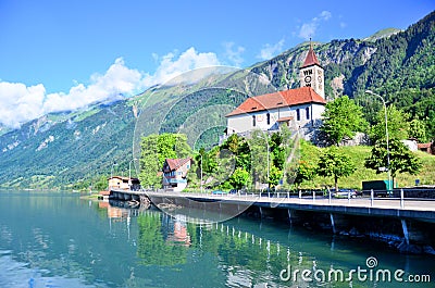 Parish church to the Brienz town on lake Brienz by Interlaken Stock Photo