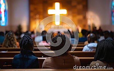 Parishioners sit reverently in a church, their attention directed towards a brightly lit cross. The atmosphere is one of Stock Photo