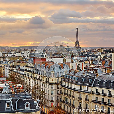 Parisian skyline with the Eiffel tower at sunset Stock Photo