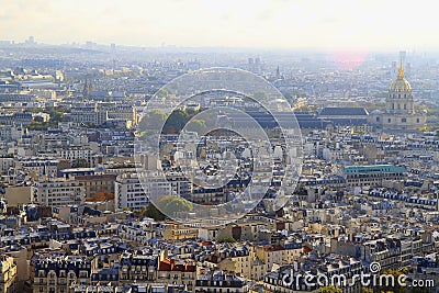 Parisien architecture and french roofs from above Eiffel tower at sunrise, Paris, France Stock Photo