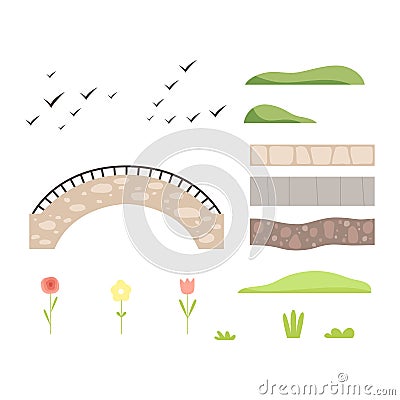 Park architectural landscape constructor design elements, plants, stone path, bridge, birds vector Illustration Vector Illustration