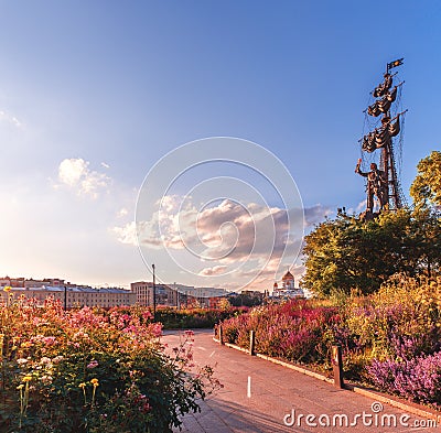 Park of arts Muzeon in flowers. Monument to Peter I Editorial Stock Photo