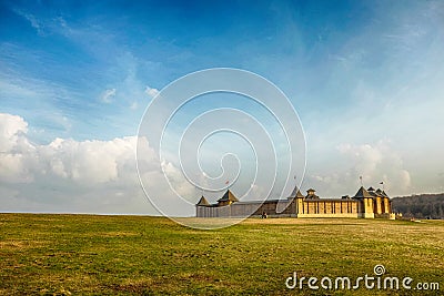 Wooden fortress on the green field, Kudykina mountain, Russia. Stock Photo