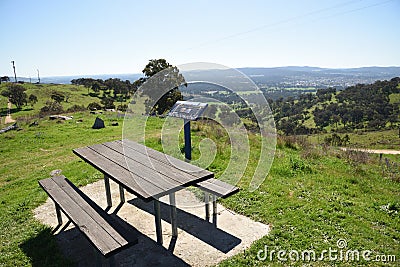 A Park bench picnic area at Huon Hill lookout above the Murray and Kiewa floodplains, offers spectacular views of Lake Hume. Stock Photo