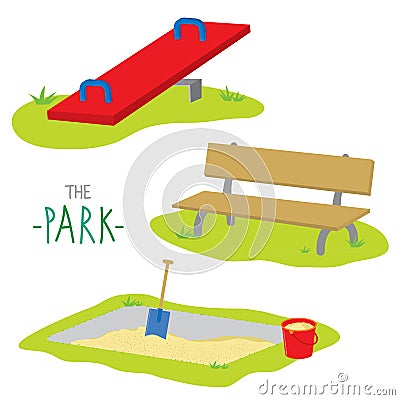 The Park Bench Sandpit Seesaw Activity Kid Relax Play Cartoon Vector Vector Illustration