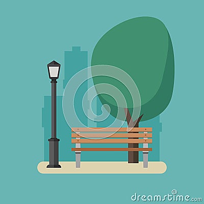 Park with bench and streetlight. Vector Illustration