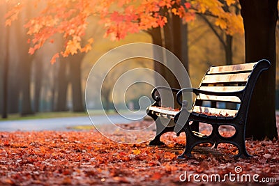 A park bench surrounded by vibrant fall foliage. Generative AI Stock Photo