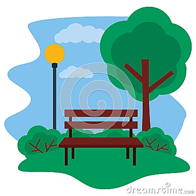 park bench tree lamp post grass Cartoon Illustration