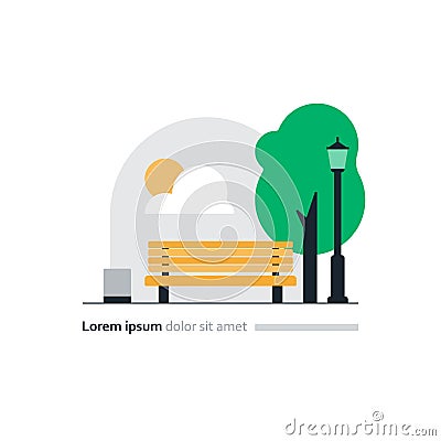 Park bench with tree and lantern, cozy place for rest, city square Vector Illustration